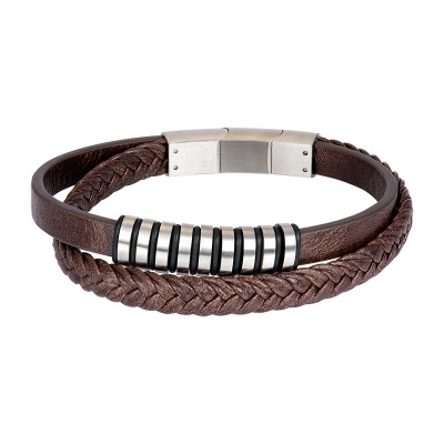 Leren armband met stalen accenten matt 20 t/m 21 cm (door middel van een tussenstukje)