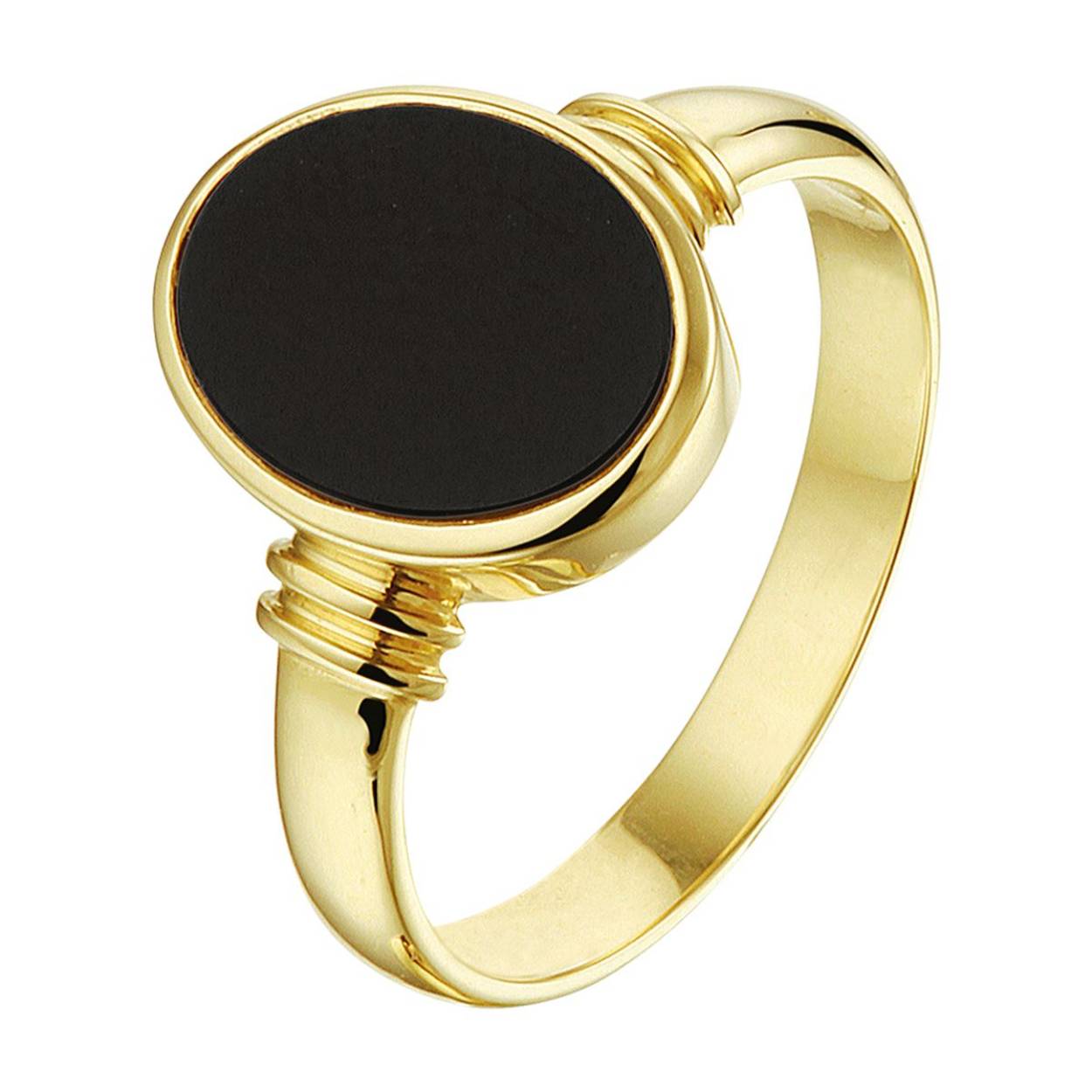 Stijlvolle geelgouden zegelring uitgevoerd met een onyx steen. Glam up your outfit! Combineer deze ring met bijpassende sieraden uit onze collectie. De ring geeft je look direct een chique uitstraling.