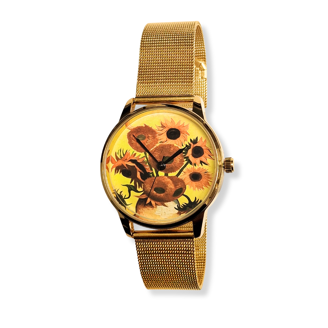 VANGOGHWATCHROUND 2 rond Zonneblomen goudkleurige kast mesh band