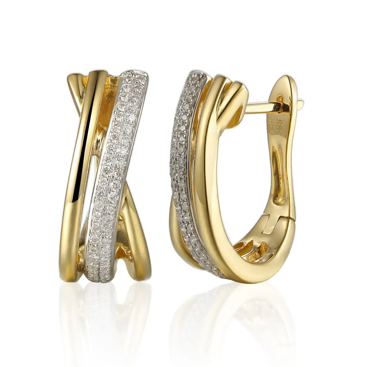 14kt. Geelgouden creolen, overkruis met 100-0.25ct H/Si diamant