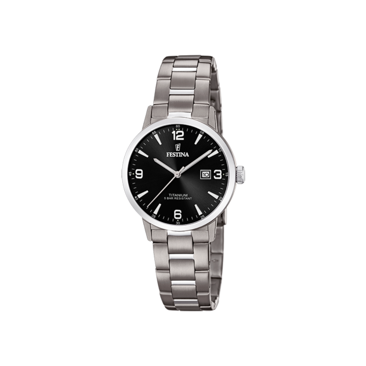 Damesuurwerk van Festina uit de 'Titanium' collectie
Grijze band en kast in titanium
Zwarte wijzerplaat met datumaanduiding
Waterdichtheid: 5 ATM