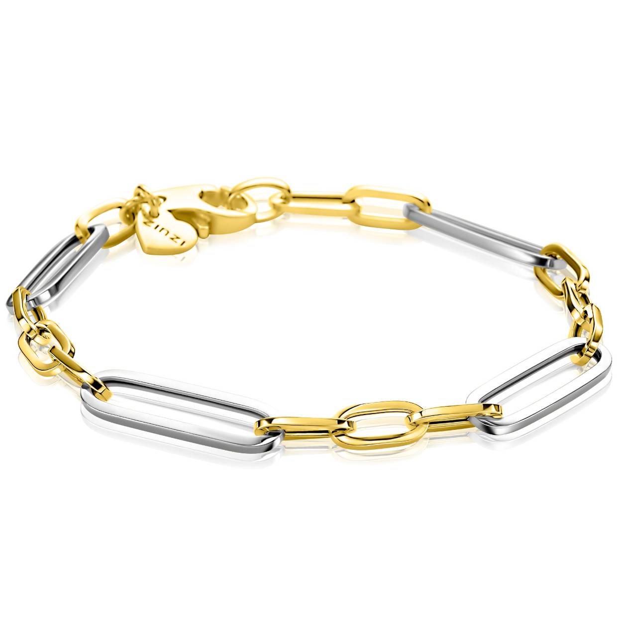 ZINZI zilveren bicolor schakelarmband met afwisselend lange en korte ovale schakels (7mm breed). De armband is vervaardigd van eerste gehalte zilver (925) en extra geel verguld.