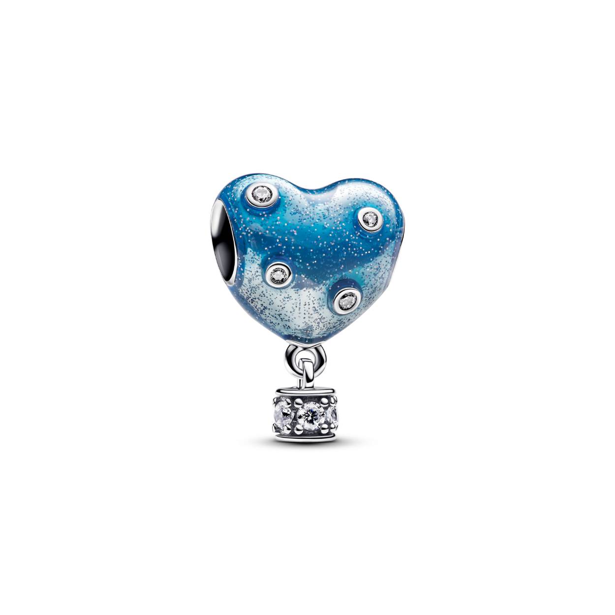 Heart hot air balloon sterling 
silver charm with clear cubic
zirconia and shaded glittery
blue enamel