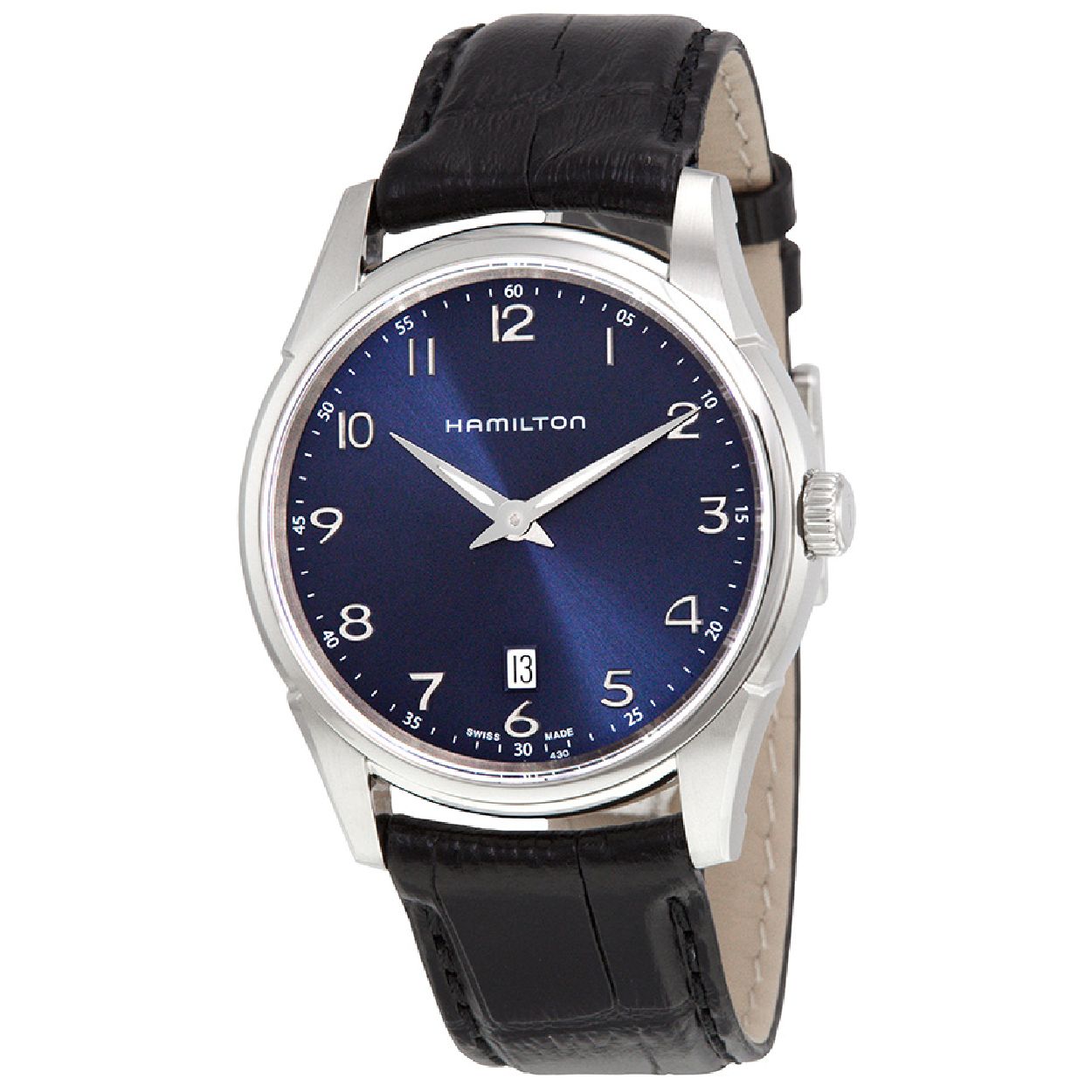 Dit horloge is van het merk Hamilton. Het horloge is gemaakt van edelstaal en saffierglas. Het bandje is gemaakt van leer en is 20 mm breed.