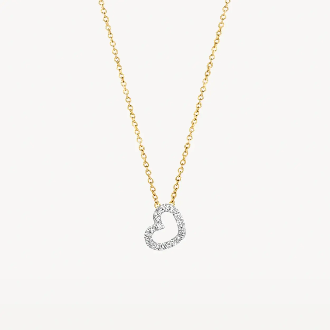 Aan dit 14k gouden collier glinstert een wit- en geelgouden hart bezet met briljant geslepen diamanten. De diamantjes hebben een totaalgewicht van 0,06 karaat en het collier is 42 cm lang. Dit prachtige sieraad is een liefdevol geschenk aan een dierbaar iemand of gewoon aan jezelf.