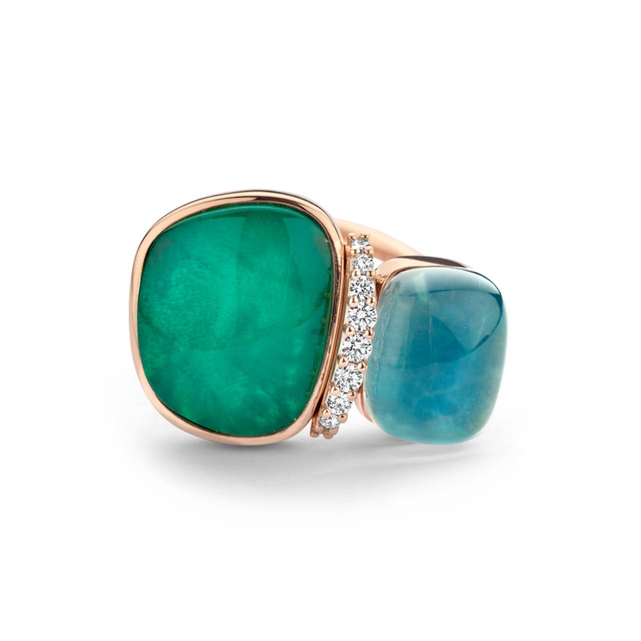 Chloé meets Sweety ring met diamanten , bergkristal met smaragd en parelmoer , bergkristal met apatiet.
