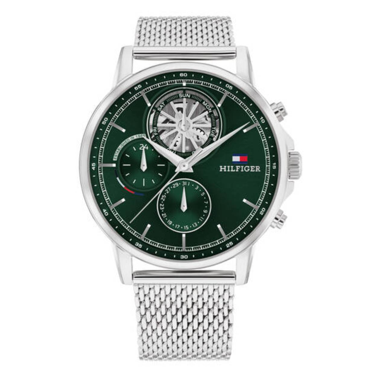 Dit Tommy Hilfiger horloge behoort tot de Stewart collectie.
Referentienummer: TH1710608 

Dit horloge van Tommy Hilfiger is een luxe herenhorloge die niet in je collectie mag ontbreken. Het stalen herenhorloge heeft een ronde kast met een gladde bezel en een groene wijzerplaat met dag,- datum, en 24-uursaanduiding. De dagen worden weergegeven in een skeleton oog. Aan het horloge zit een zilverkleurige milanese band met een klapsluiting. Het horloge heeft een mineraalglas, een doorsnee van 44mm en is 5ATM.  


