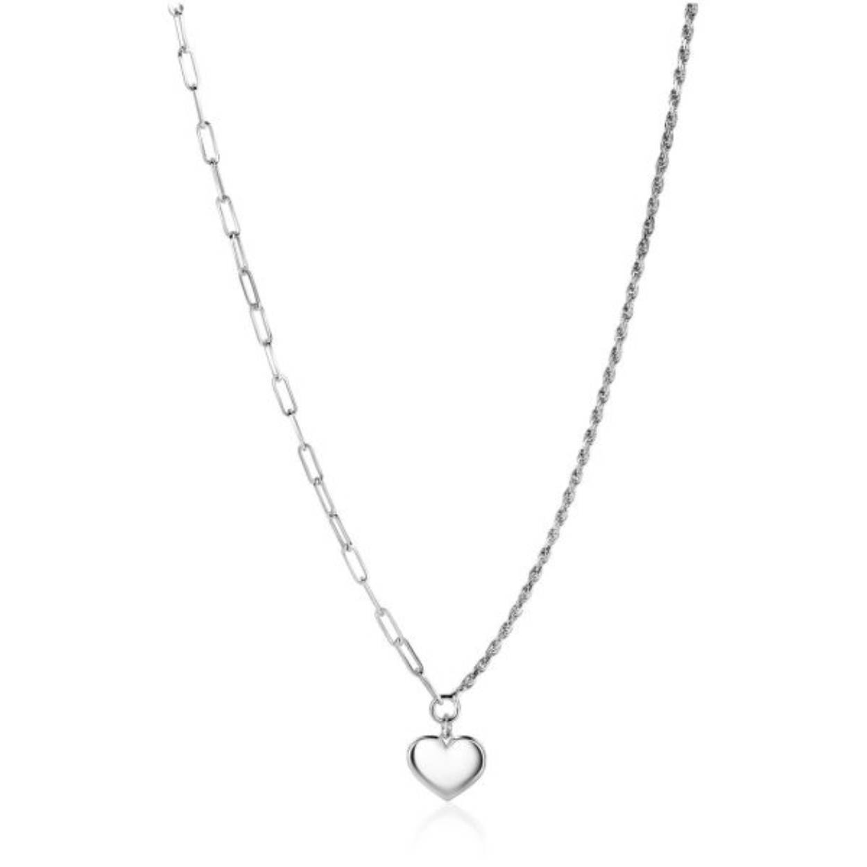 ZINZI zilveren schakelketting 45cm met twee trendy schakels gecombineerd (paperclip- en koordschakels) en in het midden een glanzend hart (12mm). De lengte van de ketting is te variëren tussen 40 en 45cm. Met herkenbaar Zinzi hartje bij de sluiting. Vervaardigd van eerste gehalte zilver (925) en met extra rodiumlaag.
