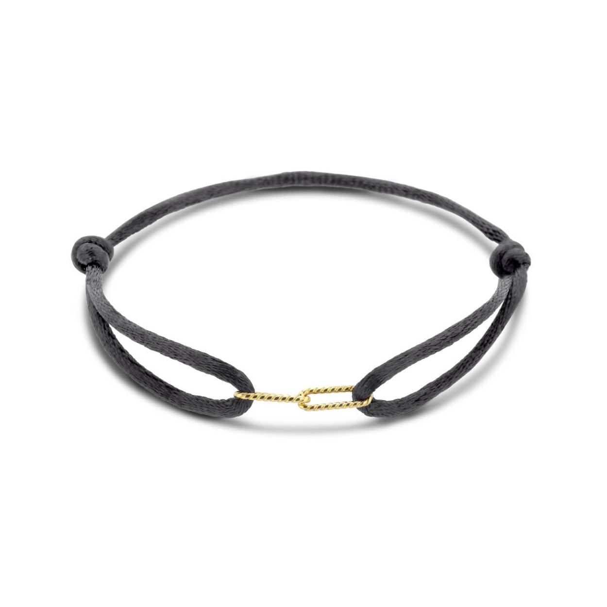 Zwart gevlochten armband uitgevoerd met een 14k geelgouden element. De armband heeft draaglengtes van 13 tot 26cm.