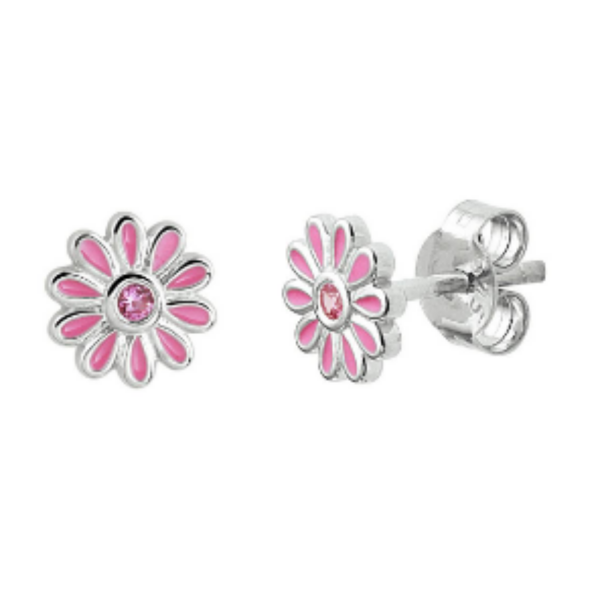 Gerhodineerd 925 zilveren oorknoppen uitgevoerd in de vorm van een bloem met een schitterende roze zirkonia. De oorknoppen hebben een diameter van 7mm.