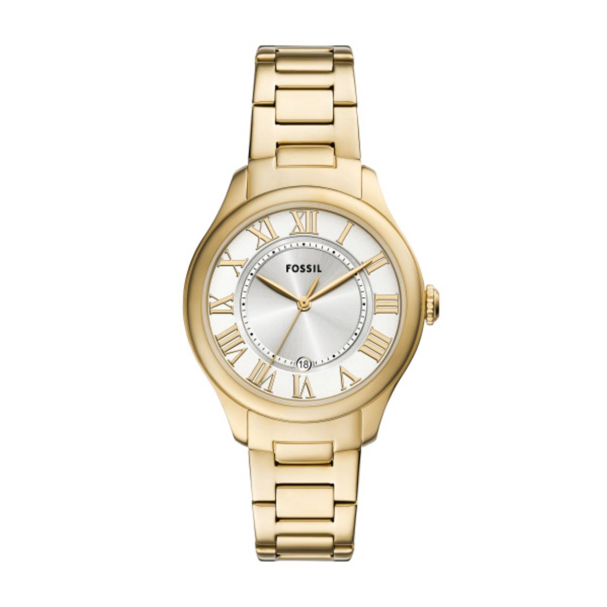De Fossil horloge ES5395 is een elegante polshorloge met een gouden roestvrijstalen kast en een verstelbare band. Het heeft een analoge kwartsuurwerk met Romeinse cijferindexen, is nikkelvrij en anti-allergisch. De horloge heeft ook een datumaanduiding. Perfect voor zowel zakelijke als casual gelegenheden. Waterdicht tot 5 ATM, draag het met stijlvolle kleding.