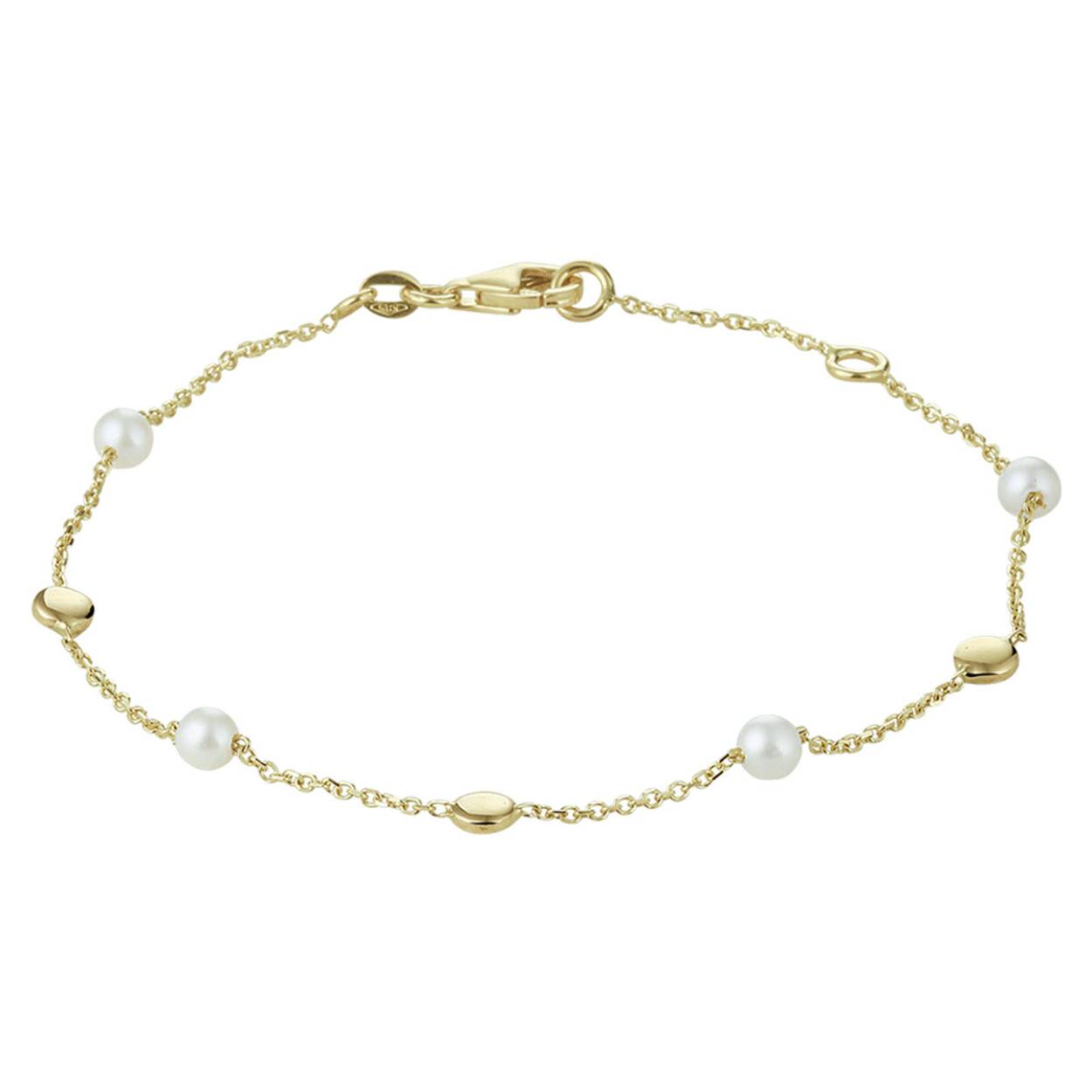 Beschrijving: Stijlvolle geelgouden anker armband uitgevoerd met poli afgewerkte rondjes, zoetwaterparels en een stevige karabijn sluiting. De armband heeft draaglengtes van 17 en 19cm en is goed te combineren met bijpassende parel sieraden uit onze collectie of vanuit je eigen stash!