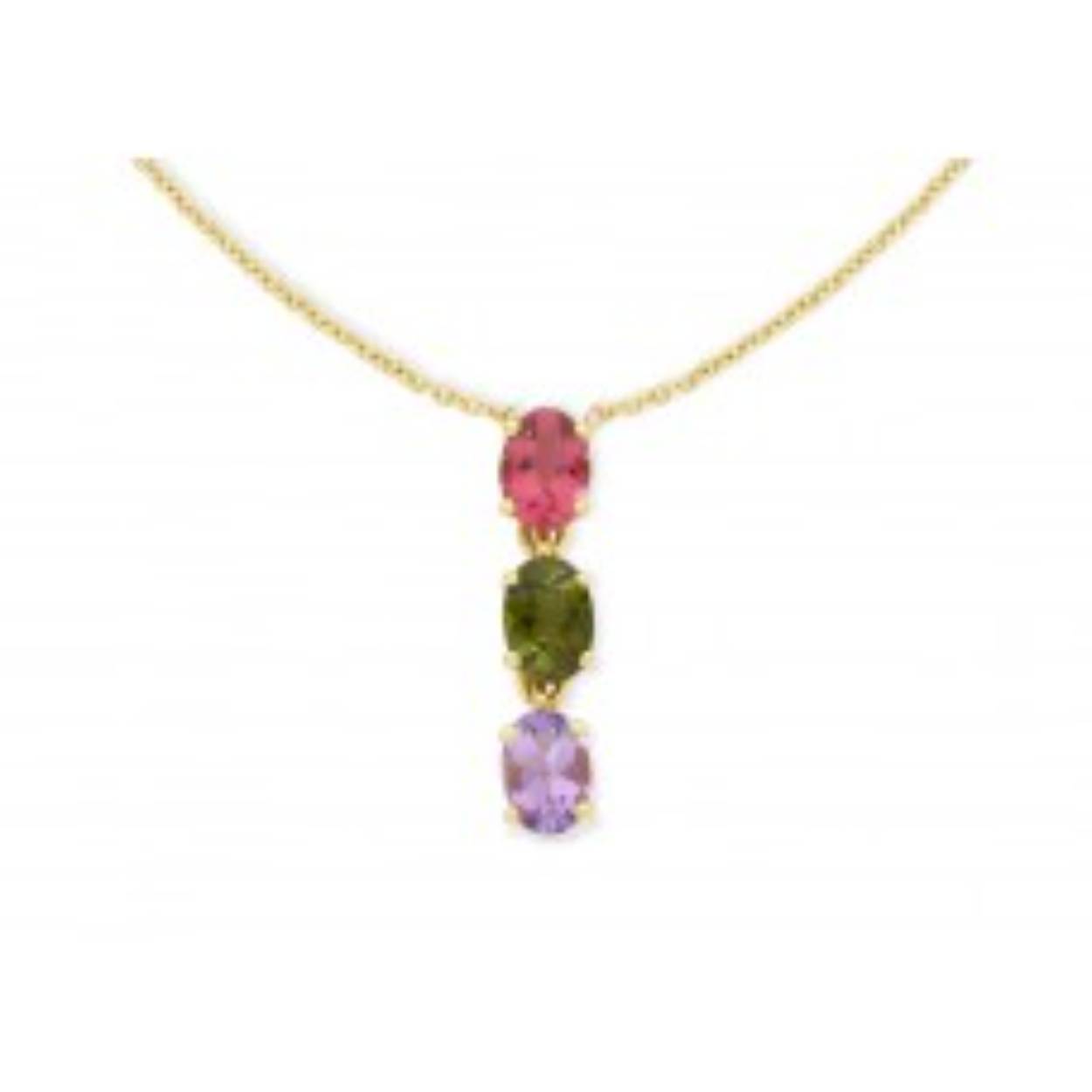 18 kt gouden ketting met hanger
De hanger bevat de halfedelstenen: roze en groene toermalijn en amethist
De prijs kan variëren naargelang de goudprijs
