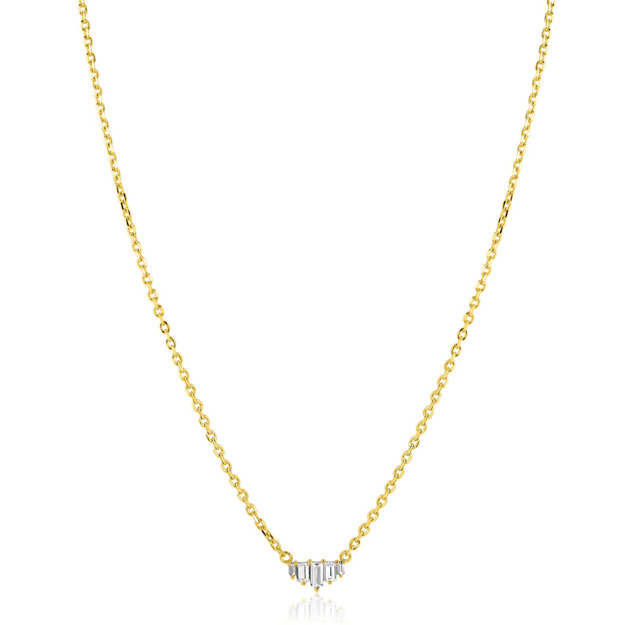 ZINZI gold plated zilveren ketting met minimalistische piramide vorm, bezet met baguette geslepen witte zirkonia’s De lengte is te variëren tussen 42 en 45cm. De ketting is vervaardigd van eerste gehalte zilver (925) en extra geel verguld.