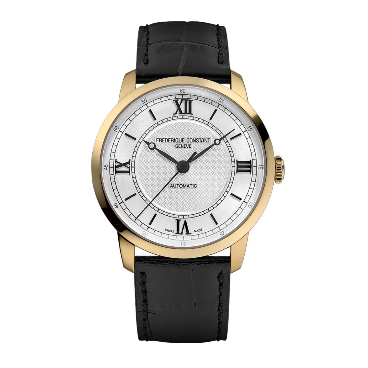 FREDERIQUE CONSTANT CLASSICS PREMIÈRE AUTOMATIC.
De Classics Première-lijn belichaamt deze aanpak en combineert traditie en moderniteit. Hij heeft een diameter van slechts 38,5 mm: tijdloos en perfect voor elke pols. Gedragen op een kalfsleren band voorzien van een discrete doorngesp, straalt hij een sfeer van evenwichtige – en klassieke – terughoudendheid uit.
Drie centrale wijzers glijden boven een wijzerplaat die in twee delen is verdeeld, met een minutencirkel in Arabische cijfers en een uurring met uren aangegeven in Romeinse cijfers. Het centrale gedeelte is versierd met een fijn guillochepatroon dat zowel diepte als textuur toevoegt. Het stuk wordt aangedreven door een zelfopwindend automatisch mechanisch uurwerk dat zichtbaar is door de transparante achterkant van de kast. Het horloge beschikt over een gangreserve van 68 uur – het beste deel van drie dagen – zodat u het op vrijdag kunt afdoen en er zeker van kunt zijn dat het maandagochtend nog steeds de tijd aangeeft. Gangreserve 68 uur! 5 ATM waterdicht.