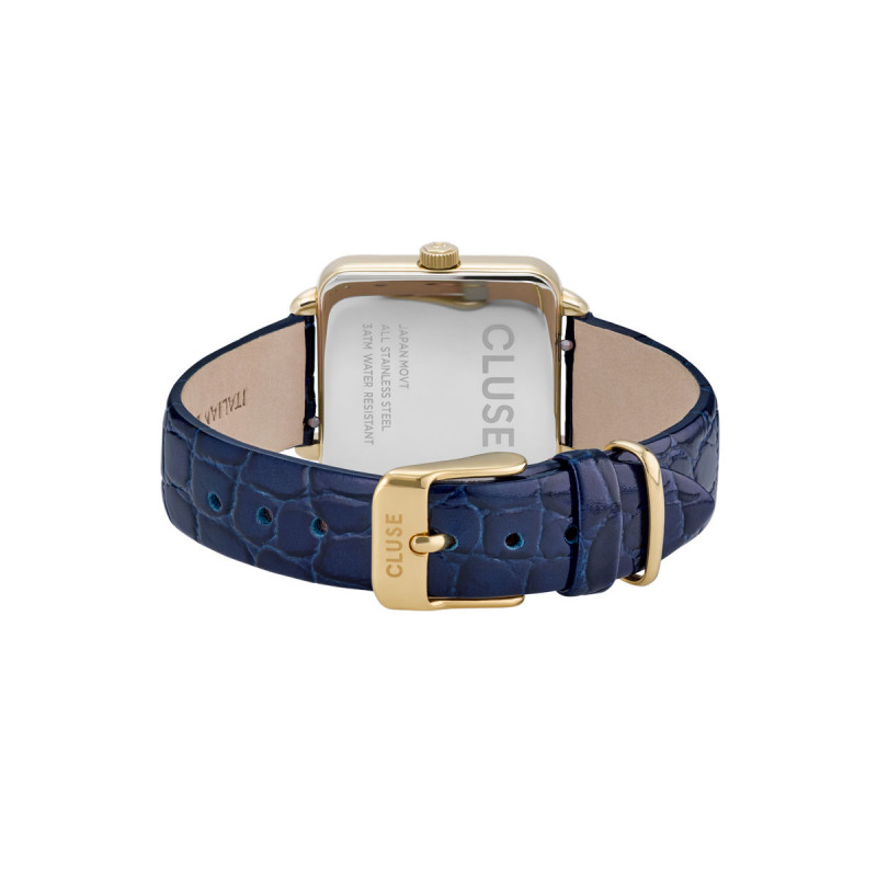 Deze horlogeband van Cluse is gemaakt van leer en de kleur is donkerblauw alligator. met goud kleurige gesp. exclusief horloge.