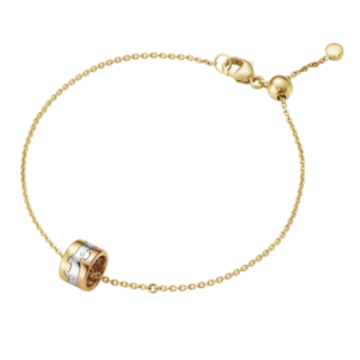 This light and adjustable bracelet, crafted in 18-karat yellow, white and rose gold, includes a miniature Fusion charm with flush-set brilliant cut diamonds individually set by hand. 