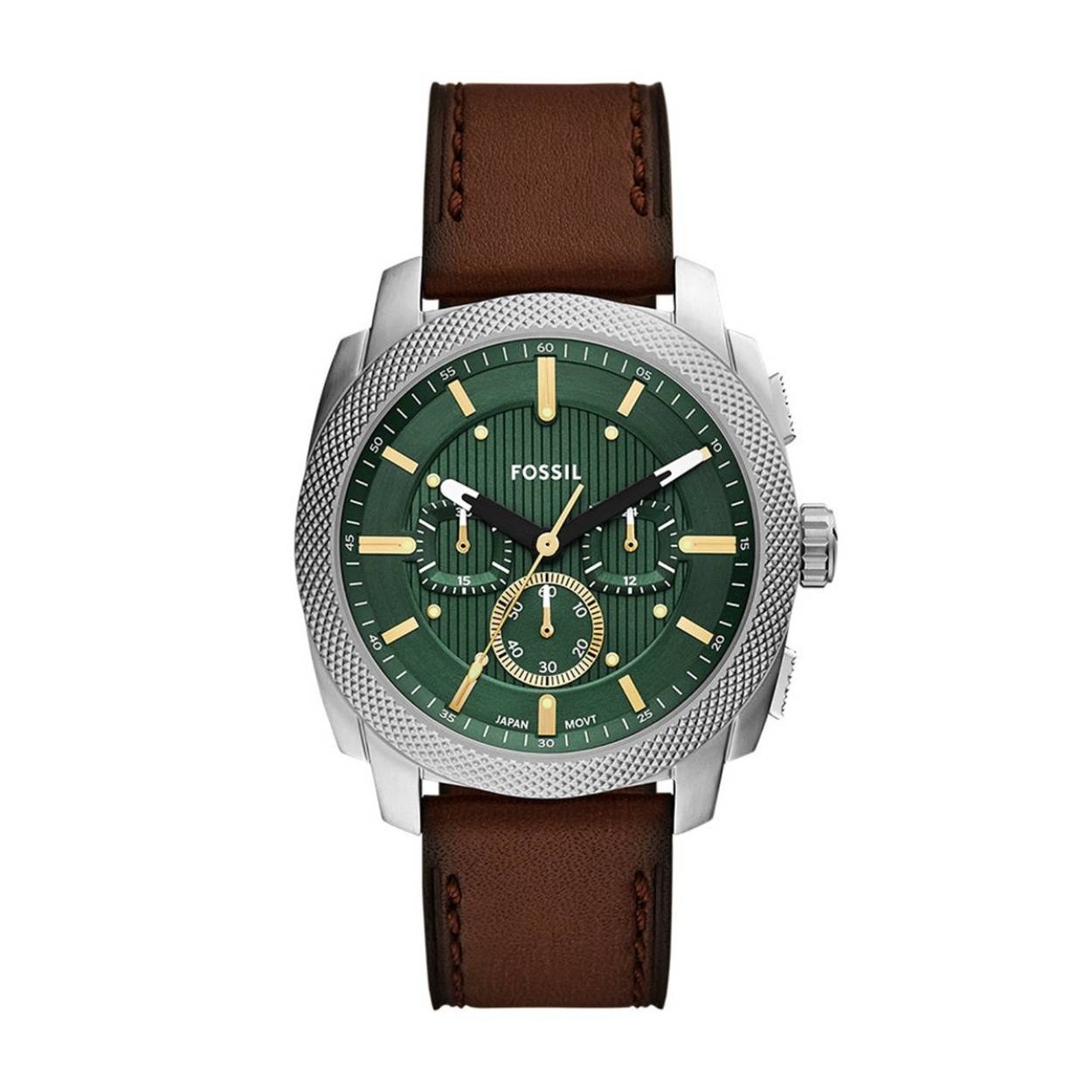 De Machine Chronograaf is geinspireerd door klassieke Amerikaanse machines en trekt de aandacht met een gewaagde gekartelde bovenring. Onmiskenbaar mannelijk met een opvallende kast van 44 mm en een geborstelde groene wijzerplaat met getextureerde details, beschermd door een mineraal kristal. Dit robuuste uurwerk wordt aangedreven door een precisie quartz chronograaf uurwerk en is gebouwd om lang mee te gaan met een rijke bruin leren armband. Een echt statement in een industrieel geinspireerd ontwerp.