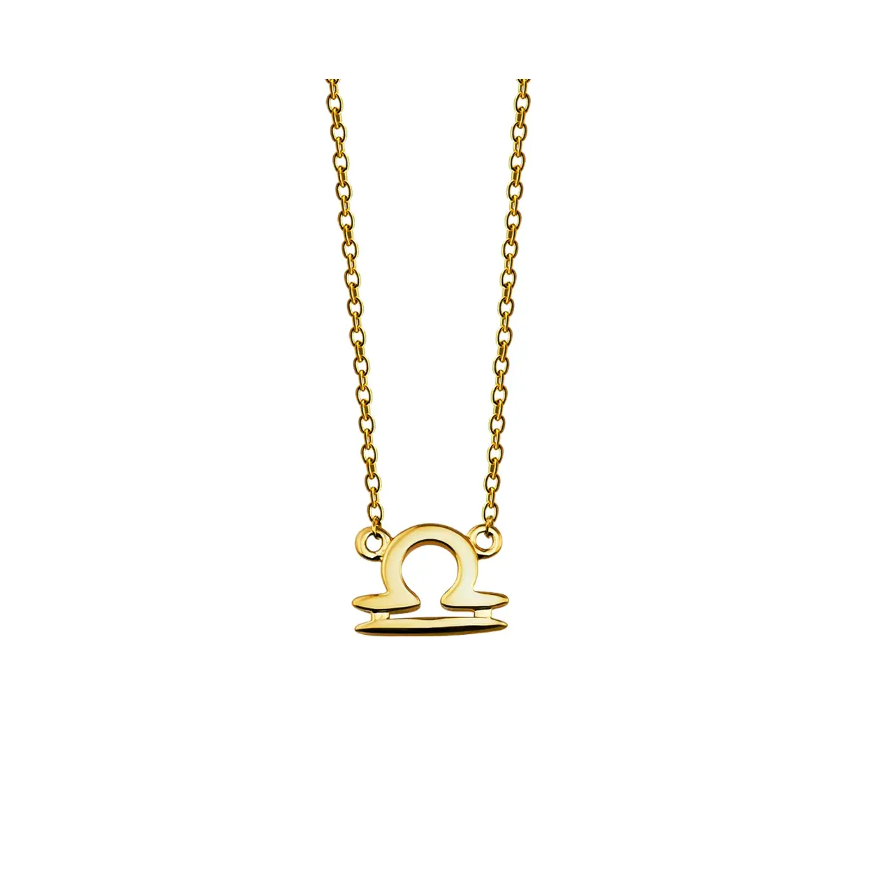 Zilver vergulde collier in anker schakel, met in het midden het sterrenbeeldteken weegschaal. De lengte van het collier is 42cm met een extra extensie van 3cm