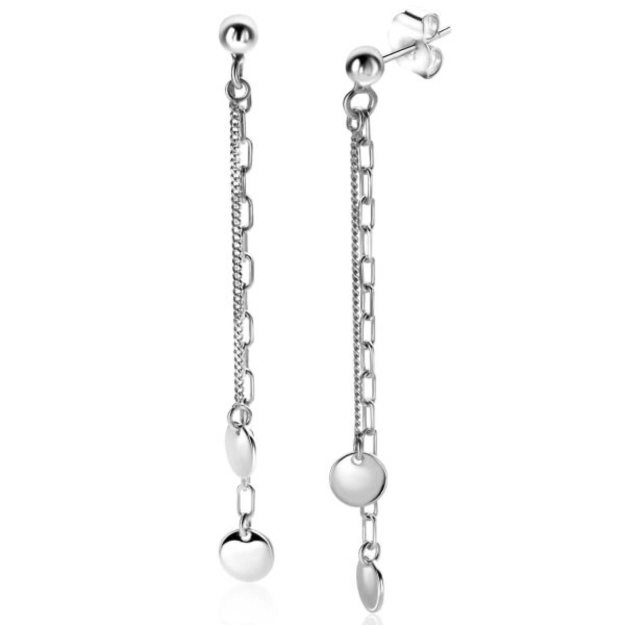 59 mm ZINZI zilveren oorstekers met bungelende paperclip en gourmet schakels en ronde gladde plaatjes ZIO2527