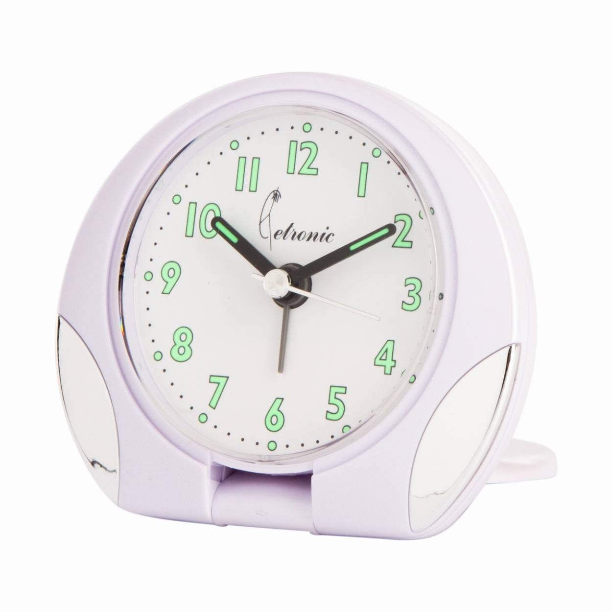 Compacte reiswekker met alarm - Snooze functie - Lichtgevende cijfers en wijzers - Kleur: parelwit - Afmetingen: 81mm x 72mm x 23mm