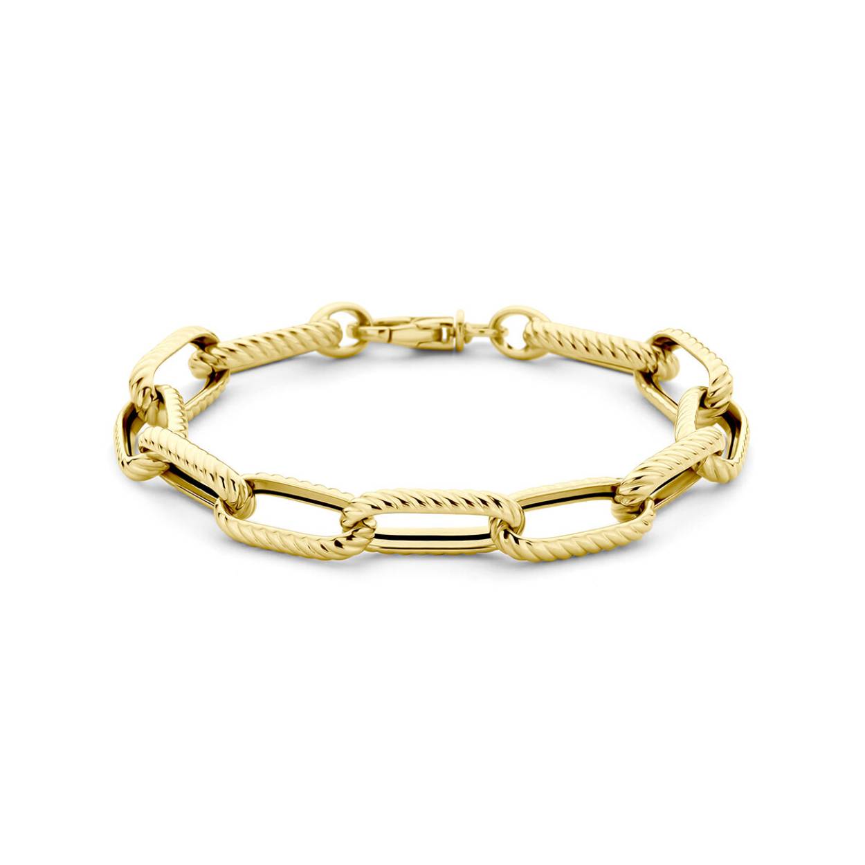 14k Geelgouden armband met een draaglengte van 19cm. De schakelbreedte is 8.5mm. Uitgevoerd met een karabijn sluiting.