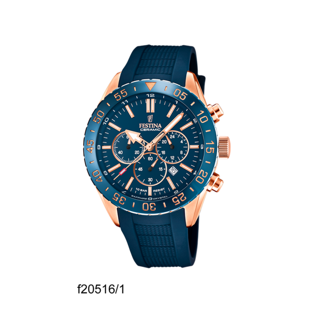 Herenuurwerk van Festina uit de 'Ceramic' collectie
Donkerblauwe rubberen band
Rosékleurige kast in edelstaal
Donkerblauwe wijzerplaat multifunctie met datumaanduiding
Saffierglas
Chronograaf
Waterdichtheid: 10 ATM