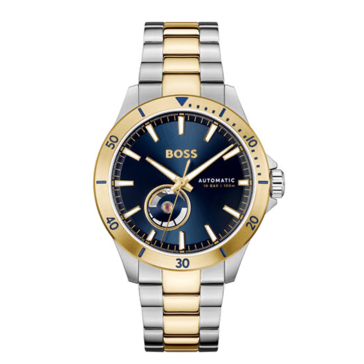 BOSS HB1514201 TROPER AUTOMATIC Herenhorloge 42mm 
Dit BOSS horloge uit de TROPER AUTOMATIC serie met artikelnr: HB1514201 heeft een luxe sportieve uitstraling. Zeer geschikt voor de moderne stijlvolle man van nu. Het herenhorloge valt op door zijn stalen kast met een goudkleurige bezel met tachymeter en een blauwe sunray wijzerplaat met een open uitsparing waarin je het uurwerk ziet bewegen evenals de onderkant van het horloge. Opvallend zijn de wijzers die met lumibrite zijn ingelegd. Aan de kast zit een stalen mat glanzende bicolor schakelband met vouwsluiting. Het horloge heeft een doorsnee van 42mm met een mineraalglas en is 10ATM. 

HET MERK:
HUGO BOSS is afgestemd op levensstijlen waar het gaat om kwaliteit en precisie. Het wereldwijde fashionlabel is verdeeld in twee merken: BOSS en HUGO. Het merk BOSS biedt geavanceerde, moderne horloges gericht op kwaliteit en design om een onberispelijke look te creëren – of het nu zakelijk, casual of sportief is. De horloge collectie van BOSS is perfect afgestemd op levensstijlen waar het gaat om kwaliteit en precisie. BOSS is op maat gemaakt in een onberispelijke stijl.

Blijf stijlvol bij de tijd. Voor de BOSS-vrouw is stijl het handelsmerk en draait alles om
details. Breng uw look naar een hoger niveau met onze nieuwe en kenmerkende horlogecollectie.

SPECIFICATIES:
- Mineraalglas
- Ronde kastvorm, Ø 42mm
- Stalen horlogekast
- Blauwe wijzerplaat
- Stalen bicolor schakelband
- 10ATM