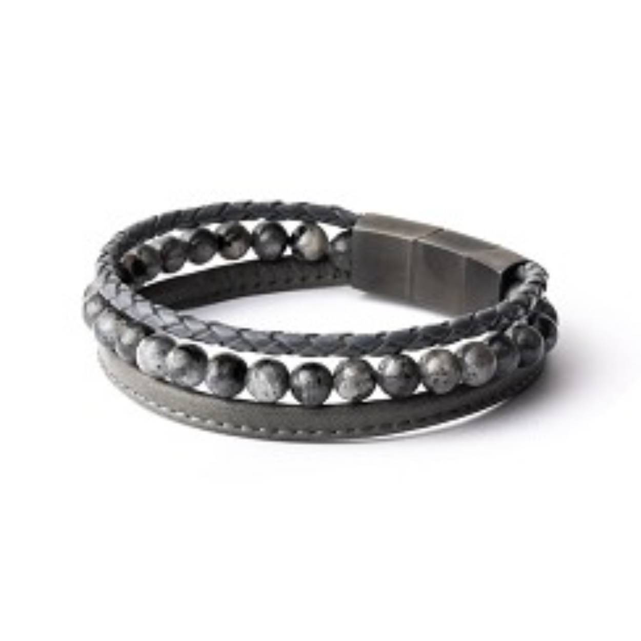 Deze Gemini armband combineert kwalitatief grijs leder met de larvikiet steen - Maat: M/L 18-19
