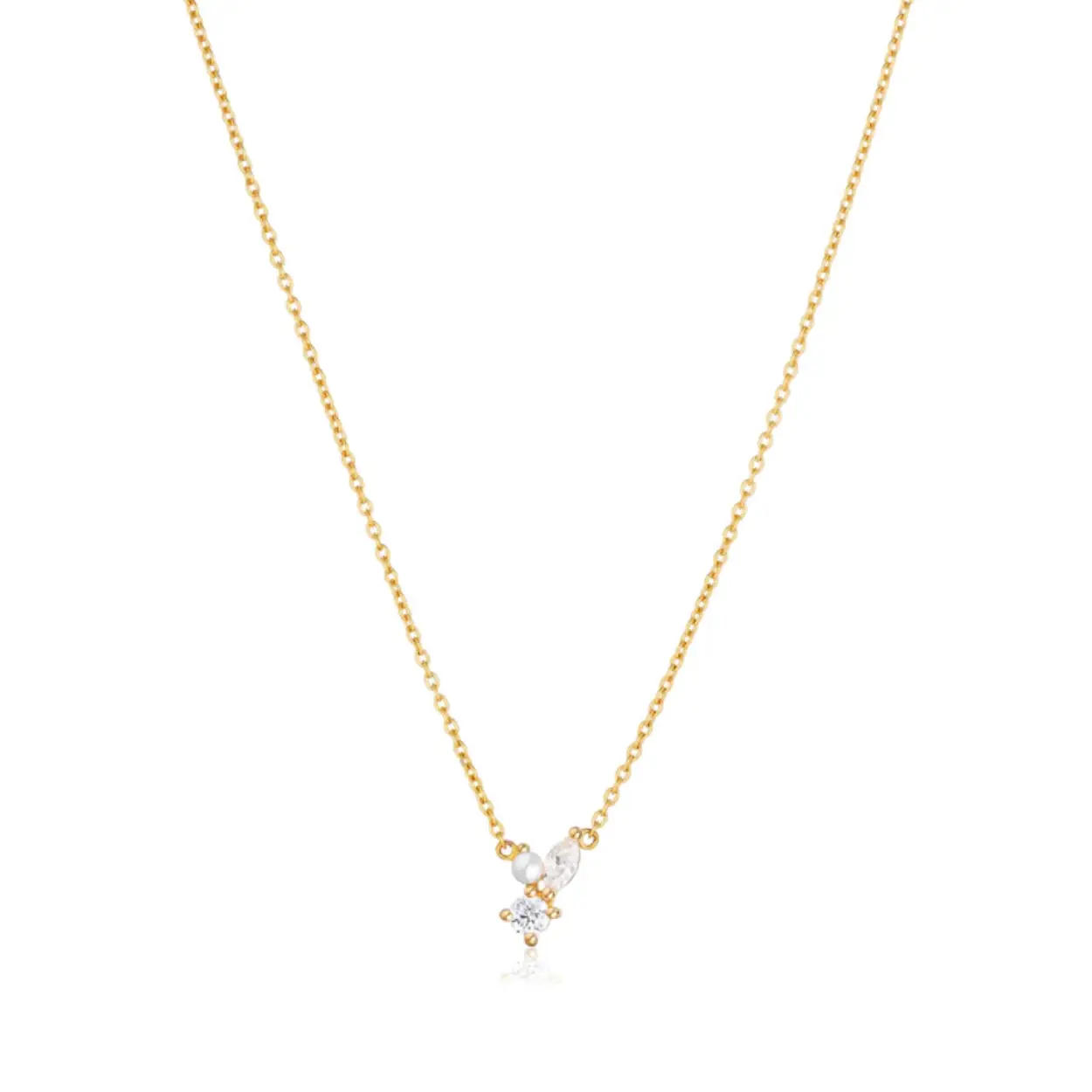Necklace made of 18 karat gold plated 925 Sterling silver, polished surface, handset with facet cut white zirconia and lustrous freshwater pearl.

Necklace measurements: Width 6,2 mm, thickness 1,5 mm, adjustable chain 45 cm