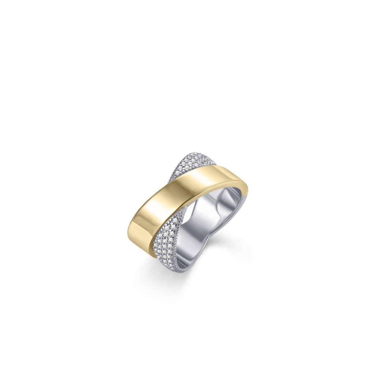 Luxe zilveren cross over ring, deels geelgoud verguld met zirkonia's,  maat 56 en verkrijgbaar in diverse andere maten.