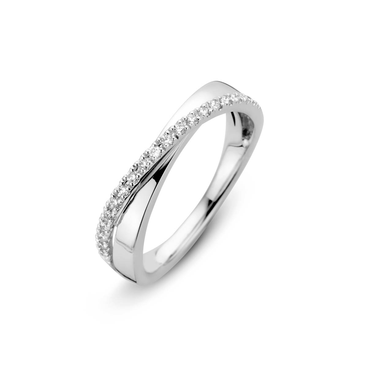 14-karaats witgouden ring met diamant (0.20 crt).
Breedte	: 5 mm
Kleur en zuiverheid: H Si
maat 18 en verkrijgbaar in diverse andere maten