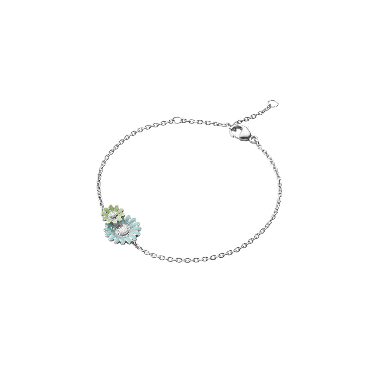 The Daisy Bracelet in rhodium-plated sterling silver is tastefully pared back, with two daisies of different sizes featuring hand-painted blue and green enamel petals and a sterling silver chain. As part of the Daisy collection, it was designed in collaboration with Stine Goya and serves as a refreshing twist on the iconic collection from the 1940s. The bracelet can be shortened to fit the wrist.