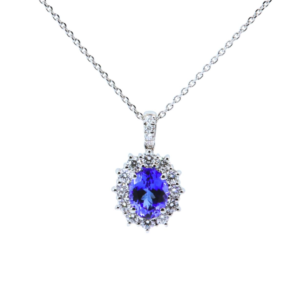 Witgouden ketting met tanzaniet 1.38ct en diamanten.