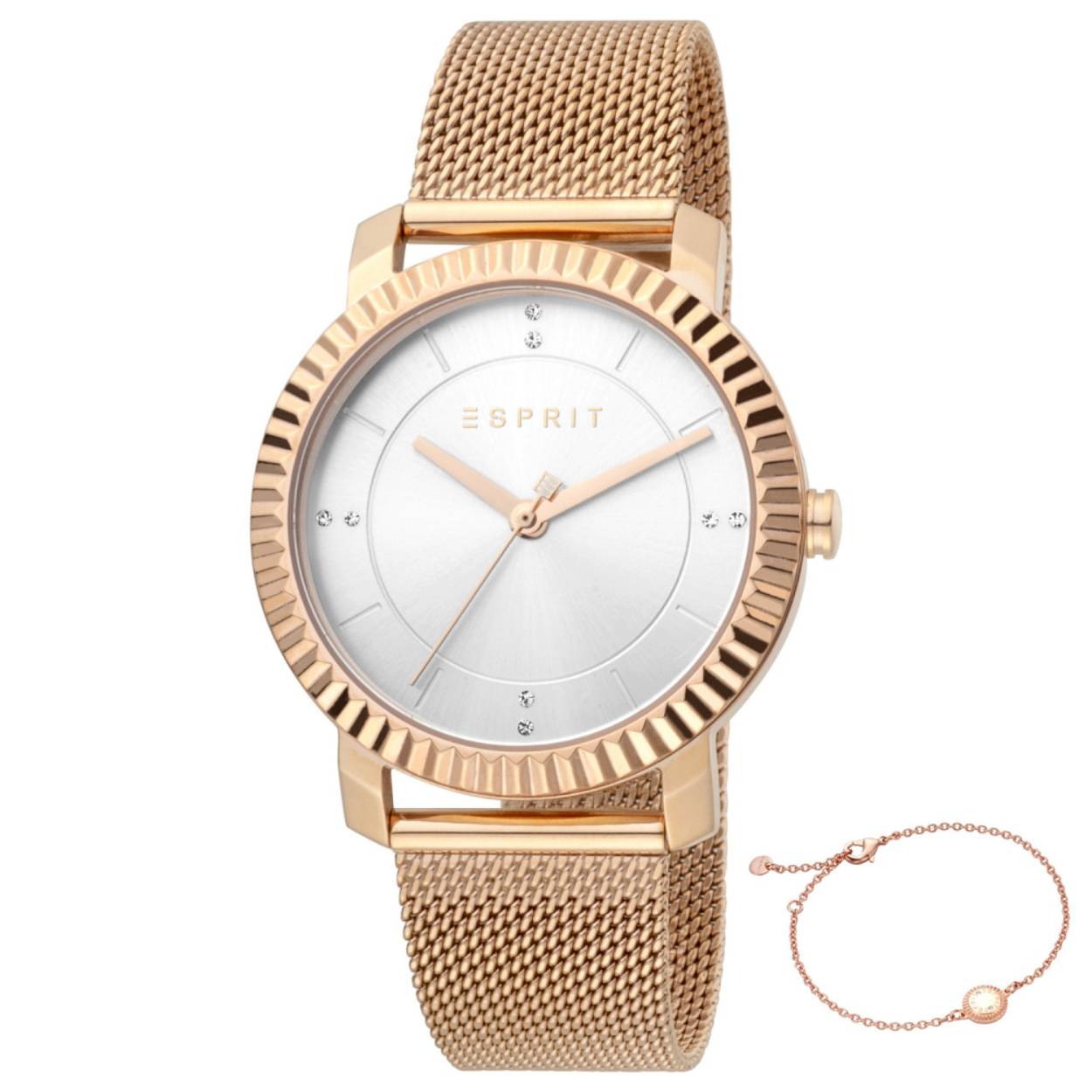 Dit dames horloge is van het merk Esprit. Het is een quartz horloge met een band gemaakt van RVS. De diameter van de kast is 36mm.