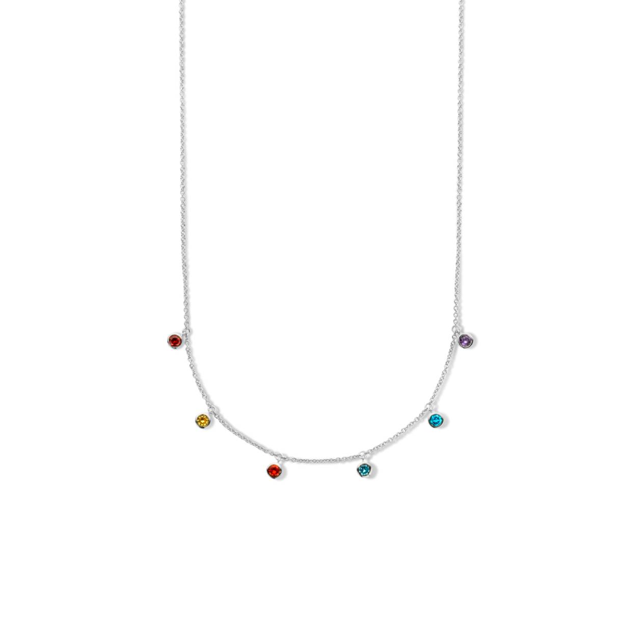 Gerhodineerd 925 zilveren collier uitgevoerd met gekleurde zirkonia. Het collier heeft een draaglengte van 42cm met een extensie van 3cm.