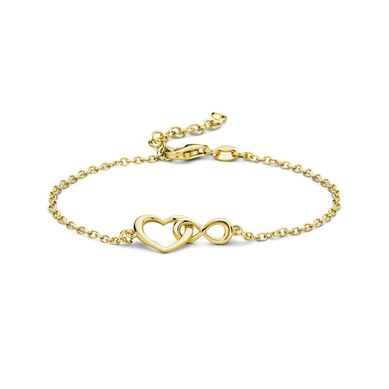 Geelgoud op 925 zilveren armband met een hart en infinity. De draaglengte is 16cm met een extensie van 3cm. De schakelbreedte is 1.7mm. Uitgevoerd met een karabijn sluiting. Geen garantie op plating.