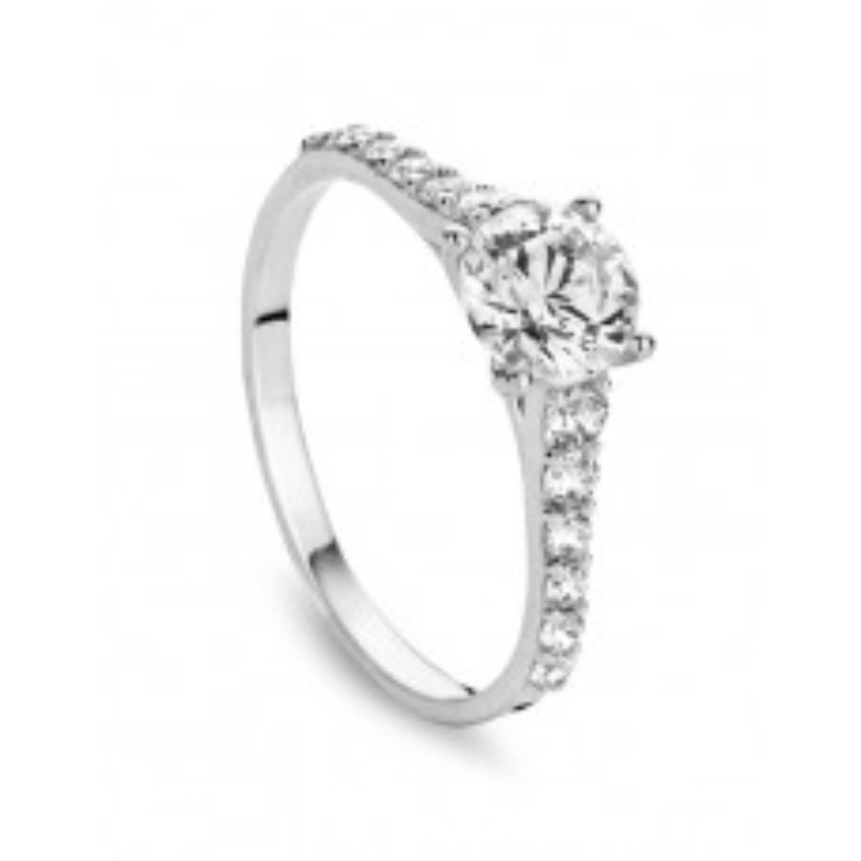De ring is vervaardigd uit 18 kt witgoud. De ring is gezet met zirkonium stenen . Model is solitaire.