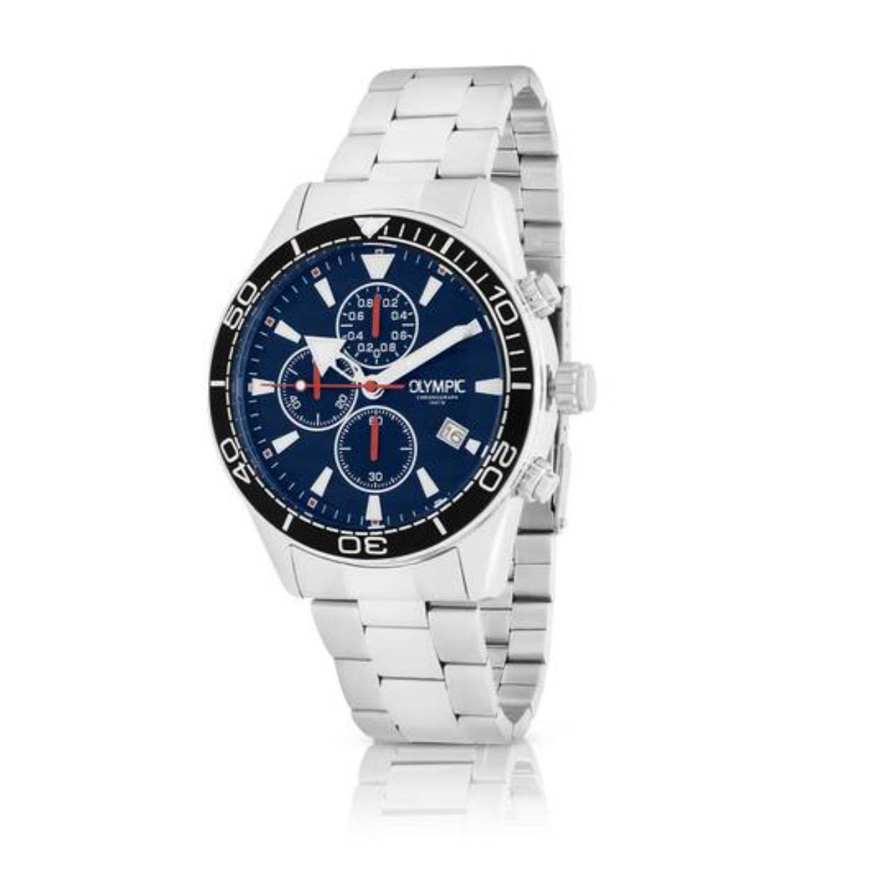 Olympic OL72HSS284 ADAM Horloge - Staal -Staal - Blauw - 44mm 
Dit unieke Olympic horloge met artikelnummer: OL72HSS284 is een herenhorloge met chronograaf en heeft een sportieve uitstraling. De stalen kast heeft een zwarte bewerkte bezel en een blauwe wijzerplaat met een datum en chronograaf. De uursaanduiding is opvallend door de lumibrite strepen en wijzers. De rode accenten geven het horloge een sportief uiterlijk. Aan de stalen kast zit een stalen schakelband met een vouwsluiting. Het horloge heeft een mineraalglas, een doorsnee van 44mm en is 10ATM.

Waterdichtheid 10ATM
Dit horloge is bestand tegen water bij het zwemmen en douchen. Dit horloge is niet bestand tegen (grote) waterdruk dus je kunt er niet mee duiken.

Het merk:
Een mooi horloge hoeft niet duur te zijn! Het Nederlandse horlogemerk Olympic levert stoere chronografen, slimline series, digitale uurwerken en elegante dameshorloges. De prijs-kwaliteitverhouding staat bij Olympic hoog in het vaandel met prijzen die uiteenlopen van € 34,95 tot en met € 159,00.

100% Nederlands ontwerp, waterdicht en standaard 3 jaar fabrieksgarantie.

Specificaties:
- Ronde kast Ø 44mm
- Zilverkleurige stalen horlogekast
- Blauwe wijzerplaat
- Stalen schakelband
- 10ATM 
- Standaard 3 jaar fabrieksgarantie
- Mineraalglas