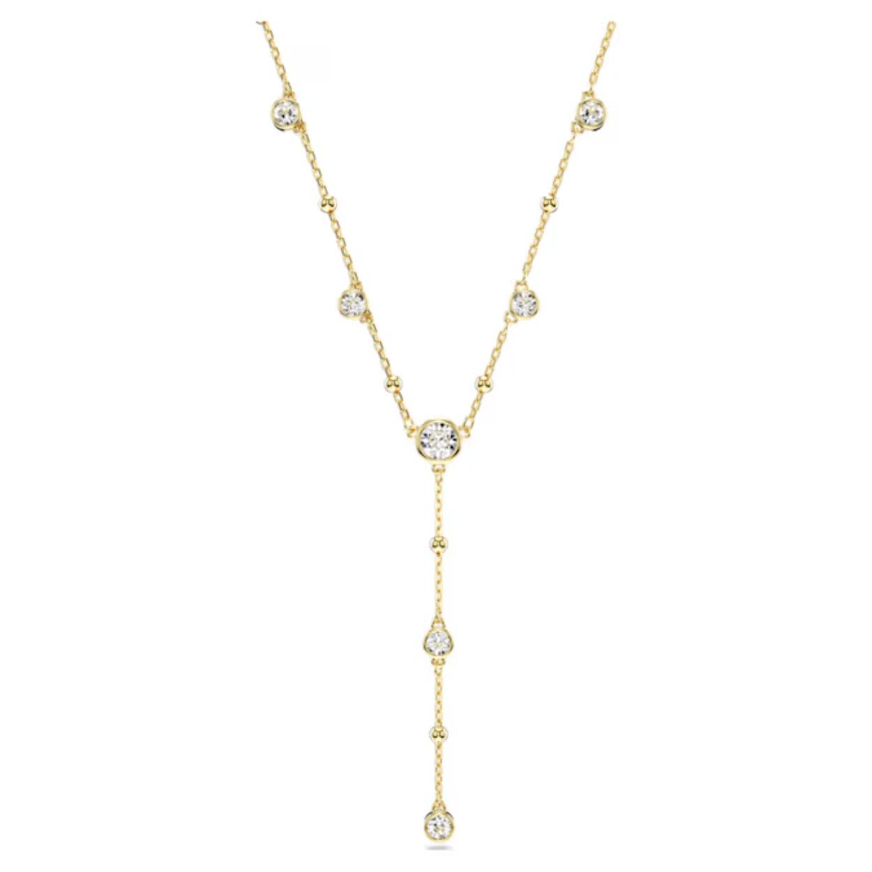 Met zijn opvallende vormgeving is deze Imber-ketting een perfecte aanvulling op uw sieradencollectie. Het ontwerp bestaat uit een ketting met goudkleurige toplaag, die is geaccentueerd met glanzende metalen druppels en schitterende rondgeslepen kristallen in een dikke bezelzetting. Een delicate streng valt elegant in het midden. Aan het verlengstuk hangt een Swarovski Zirkonia voor een extra luxe uitstraling. Combineer dit sieraad met Imber-oorbellen voor een opvallende stijlcombinatie.