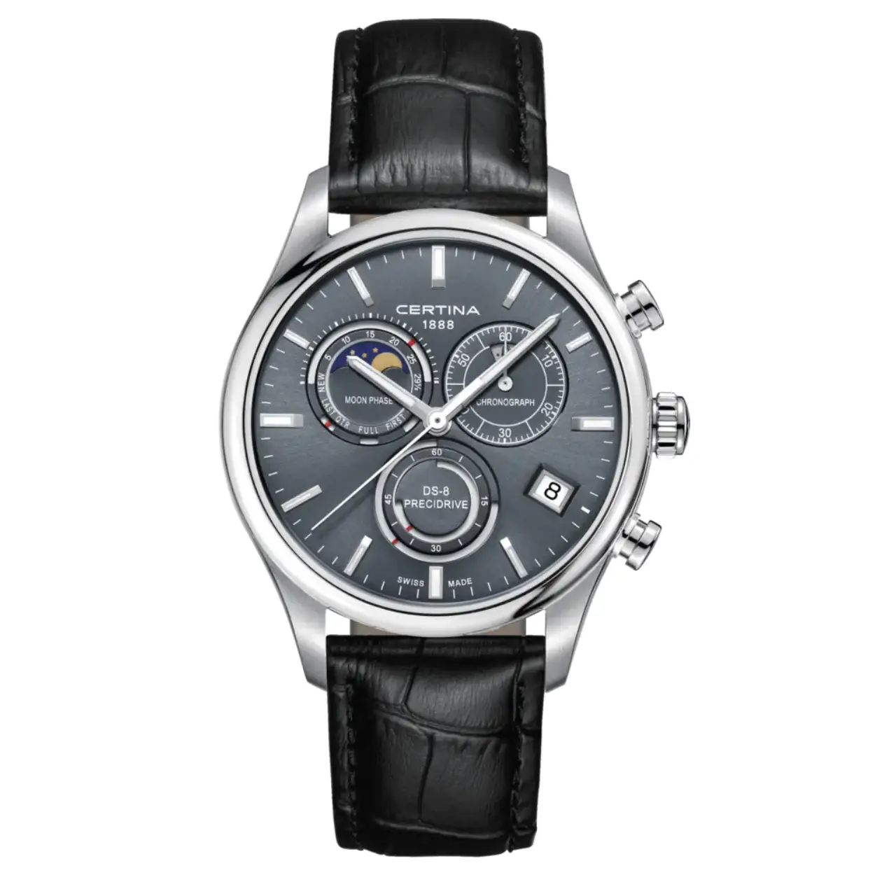 DS-8 Precidrive heren staal chrono/datum/maanstand met lederband 100m WR met saffierglas
