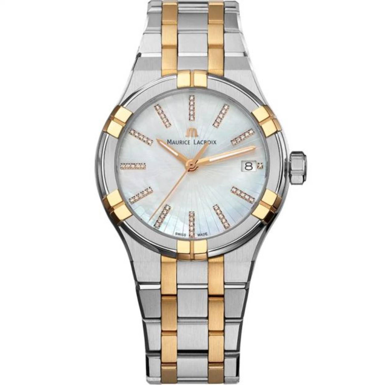 Dit is een horloge van het merk Maurice Lacroix gemaakt voor dames.
De specificaties zijn als volgt:
Kastmaat: 35 mm
Kastdikte: 10 mm
Bandbreedte: 20
Waterdichtheid: 10 ATM / 100 Meter / 330 Feet
Dit horloge heeft de volgende functies/eigenschappen:
Datumaanduiding