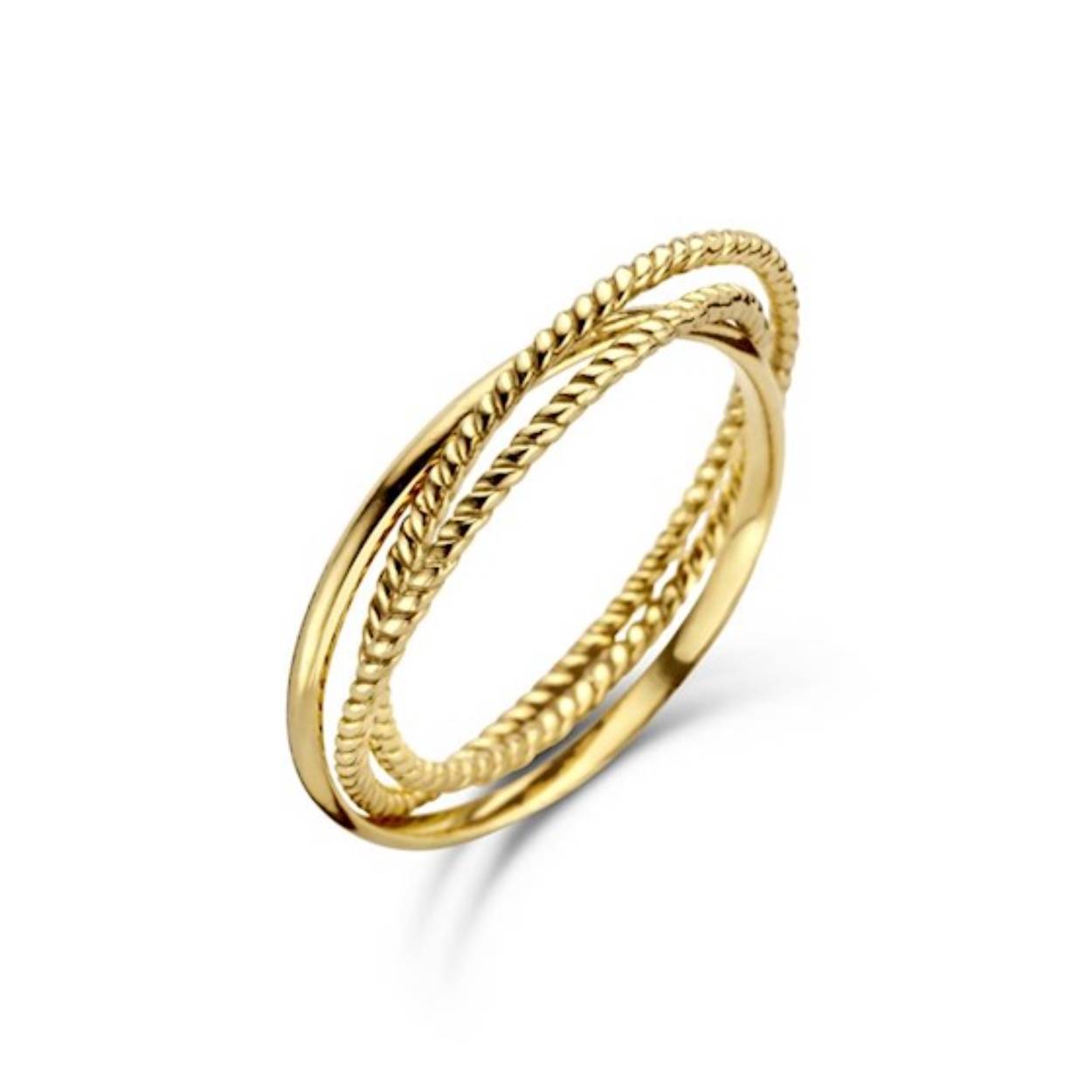 De Jackie Majorelle Trinity Ring is gemaakt van 14K goud. De ring bestaat uit een gladde en twee gedraaide ringen. Combineer het item met enkele andere ringen uit de Jackie collectie en creëer jouw persoonlijke stack!