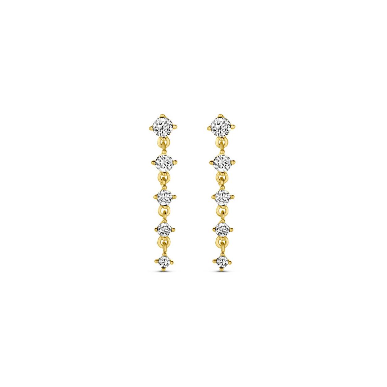 14k Geelgouden oorhangers uitgevoerd met zirkonia. De oorhangers hebben een afmeting van 19x3mm.

