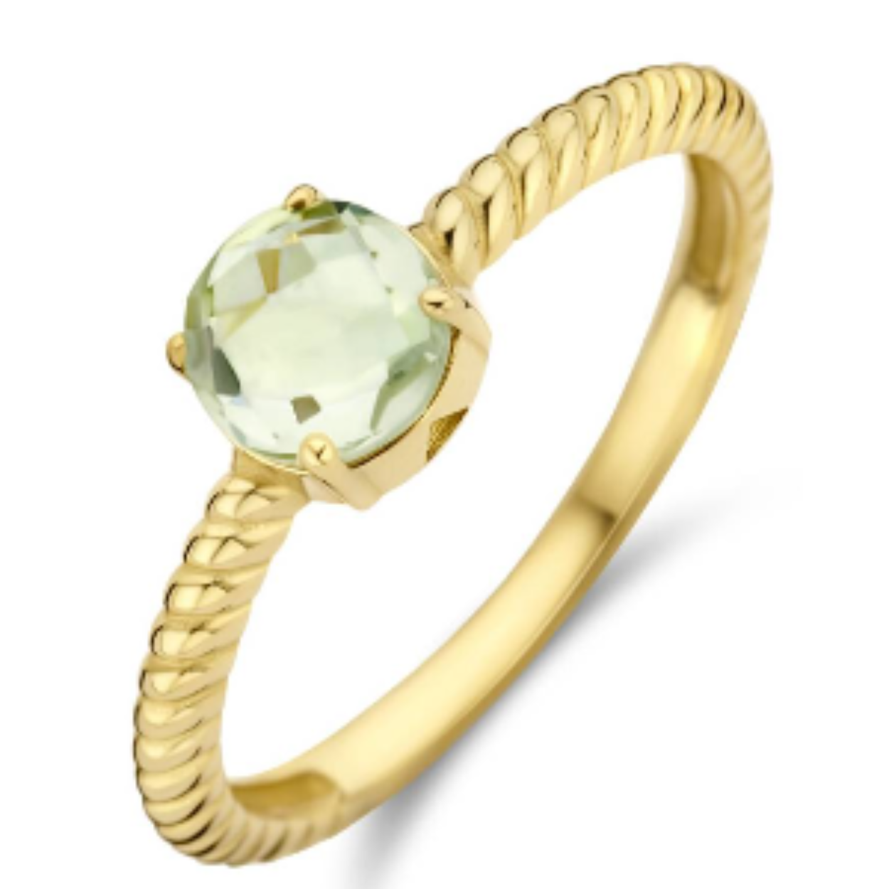 Geelgouden ring 14kt uitgevoerd met een schitterende groen amethyst. De ring heeft een breedte van 6mm. De groene amethyst heeft een steengewicht van 0.80ct.