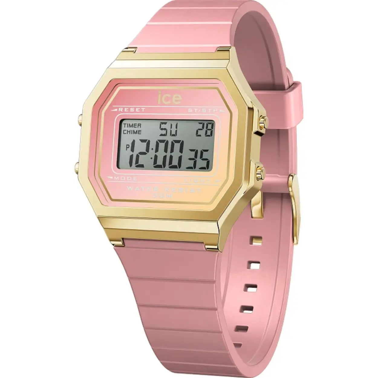 Op zoek naar een trendy en kleurrijk horloge? Dan is de ICE WATCH DIGIT RETRO - CORAL DREAMSCAPE - SMALL 022715 de perfecte keuze voor jou! Dit horloge heeft een digitale tijdaanduiding en wordt aangedreven door een betrouwbaar quartz uurwerk.

Met een diameter van 32 mm en een hoogte van 10 mm is dit horloge perfect geschikt voor mensen met een kleine pols. De vierkante goudkleurige behuizing geeft het horloge een unieke uitstraling, terwijl de roze wijzerplaat zorgt voor een speels en vrolijk accent.

Het horloge is voorzien van plexiglas, wat zorgt voor een goede bescherming van de wijzerplaat. De roze siliconen band is comfortabel om te dragen en past perfect bij de rest van het horloge. De gespsluiting zorgt ervoor dat het horloge stevig om je pols blijft zitten.

Naast de tijdweergave beschikt dit horloge ook over een handige datumweergave, waardoor je altijd op de hoogte bent van de juiste datum. Met een waterdichtheid van 3 bar is dit horloge spatwaterdicht, wat betekent dat je het kunt dragen tijdens het handen wassen of in de regen.
