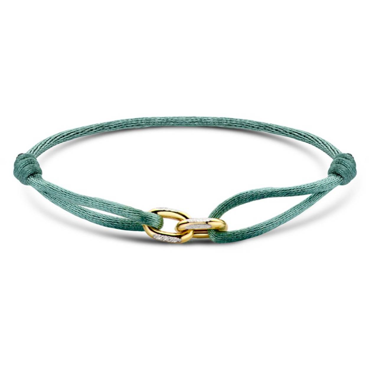 Deze prachtige Minitials Unchained armband is voorzien van twee 18 karaat gouden schakels. U kunt de kleur van de satijnen armband veranderen naar keuze.