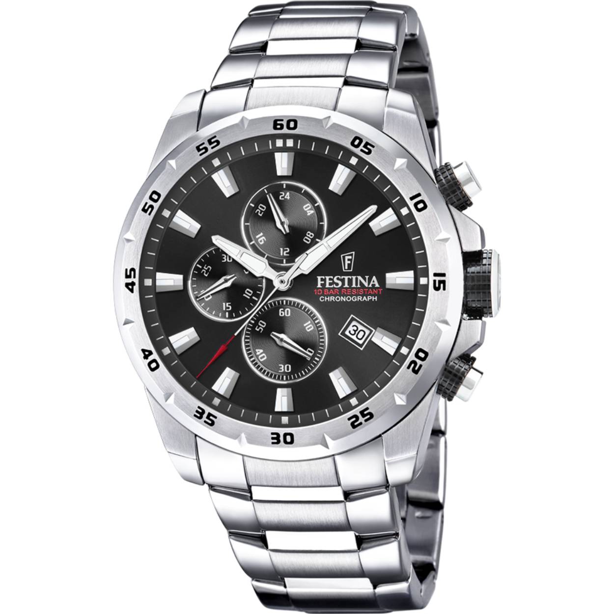 Festina - Chrono sport collectie, Zilverkleurige band en kast in edelstaal - Zwarte wijzerplaat multifunctie met datumaanduiding - Chronograaf - Waterdichtheid: 10 ATM, Mineraalglas - F20463/4
