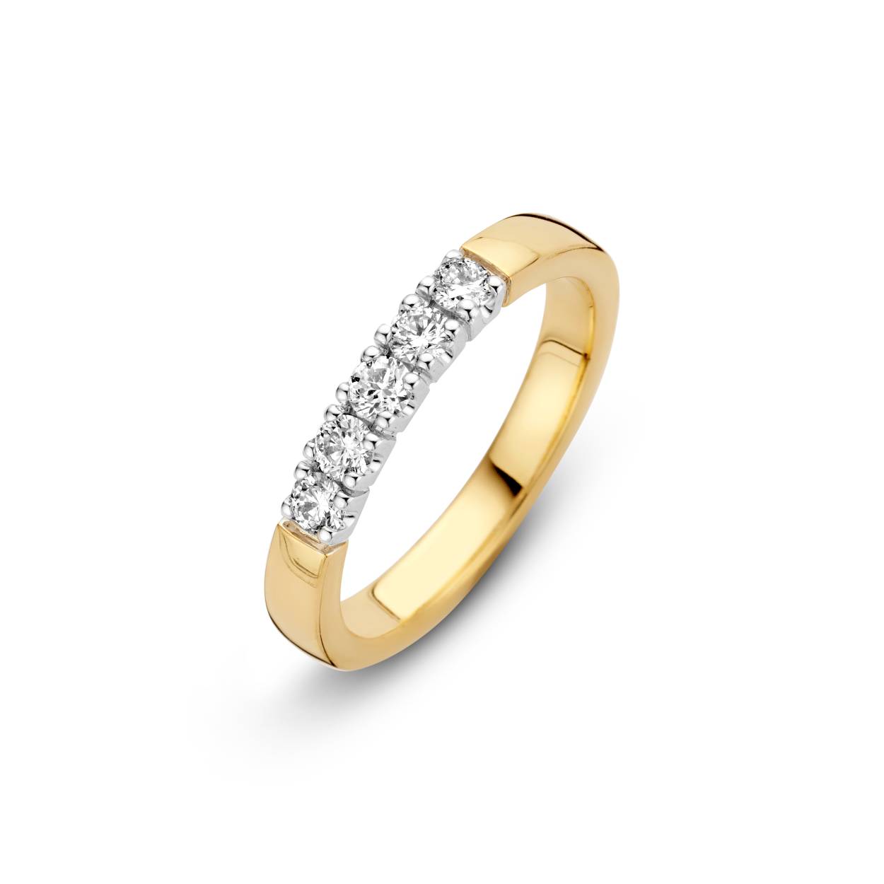 14 KARAAT BICOLOR GEEL- MET WITGOUDEN MEMOIRE RING MET 5 BRILJANTEN VAN 0.03 CARAAT PER STUK. 5 prachtige briljanten in de MEMOIRE ring, draagbaar elegant en schitterend, door de lage zetting bijna onverwoestbaar, heel mooi alleen te dragen of in combinatie met aanschuifringen. Je kunt je memoire ring completeren door er een set van te maken met hanger, half-creool, creool en zelfs een armband.