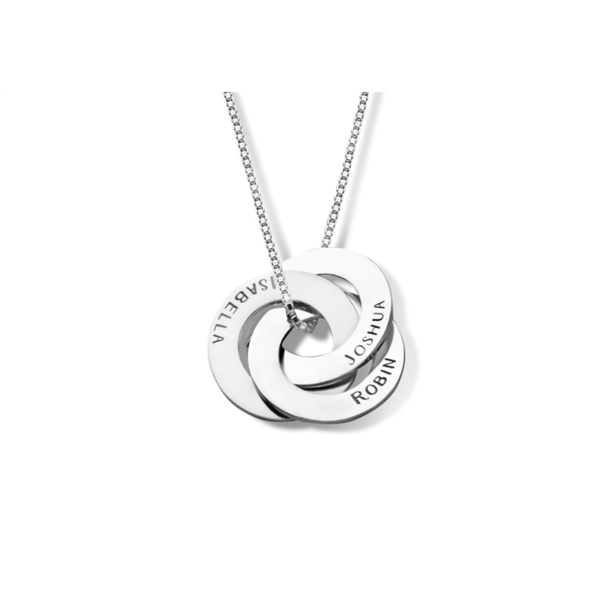 Trendy, dynamisch en speels. De zilveren russische ring ketting is een prachtig sieraad met een unieke vereeuwiging. De hanger kan gepersonaliseerd worden met 3 namen.

De hanger wordt standaard geleverd met een Venetiaanse ketting van 45 - 50 cm.